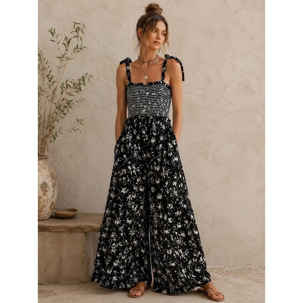 Free People M Black Floral Color My World Wide Leg Jumpsuit Anthropologie Boho